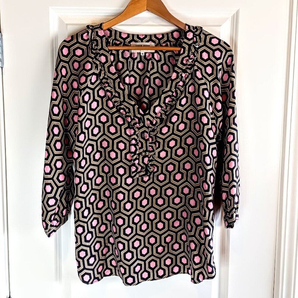 Skirtin Around Pink Tan Black Geometric Ruffled Silk Top